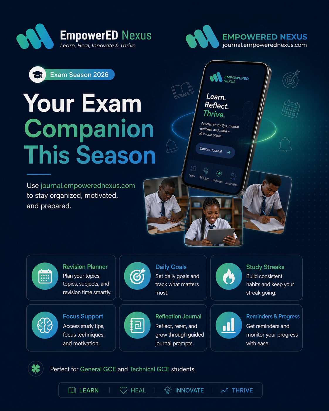 EmpowerEd Nexus exam companion poster featuring a phone mockup and student support features including revision planner, daily goals, study streaks, focus support, reflection journal, and reminders.