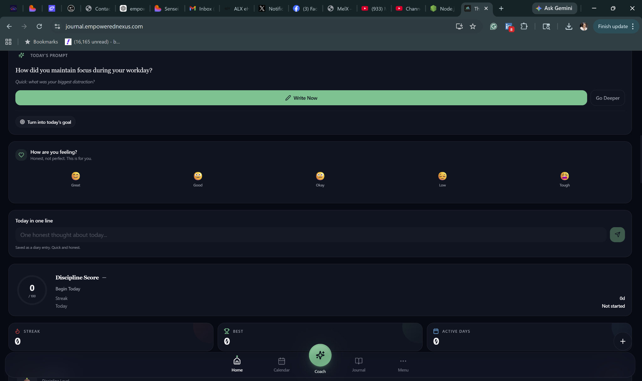 The Discipline Code journal screen showing today's prompt, mood check-in emojis, one-line diary input, discipline score, streak, best score, and active days.