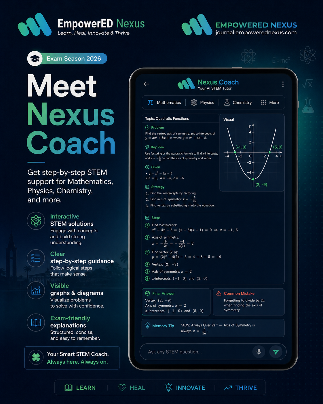EmpowerEd Nexus promotional poster introducing Nexus Coach as an AI STEM tutor with step-by-step guidance, visual graphs, and exam-friendly explanations.