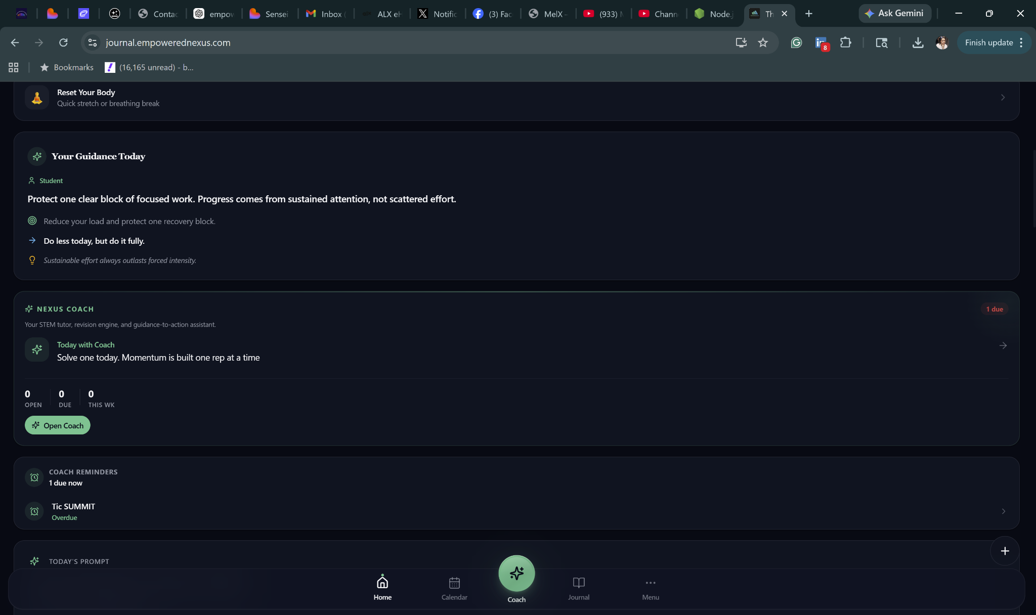 The Discipline Code dashboard showing Your Guidance Today, Nexus Coach, coach reminders, and a daily prompt section.