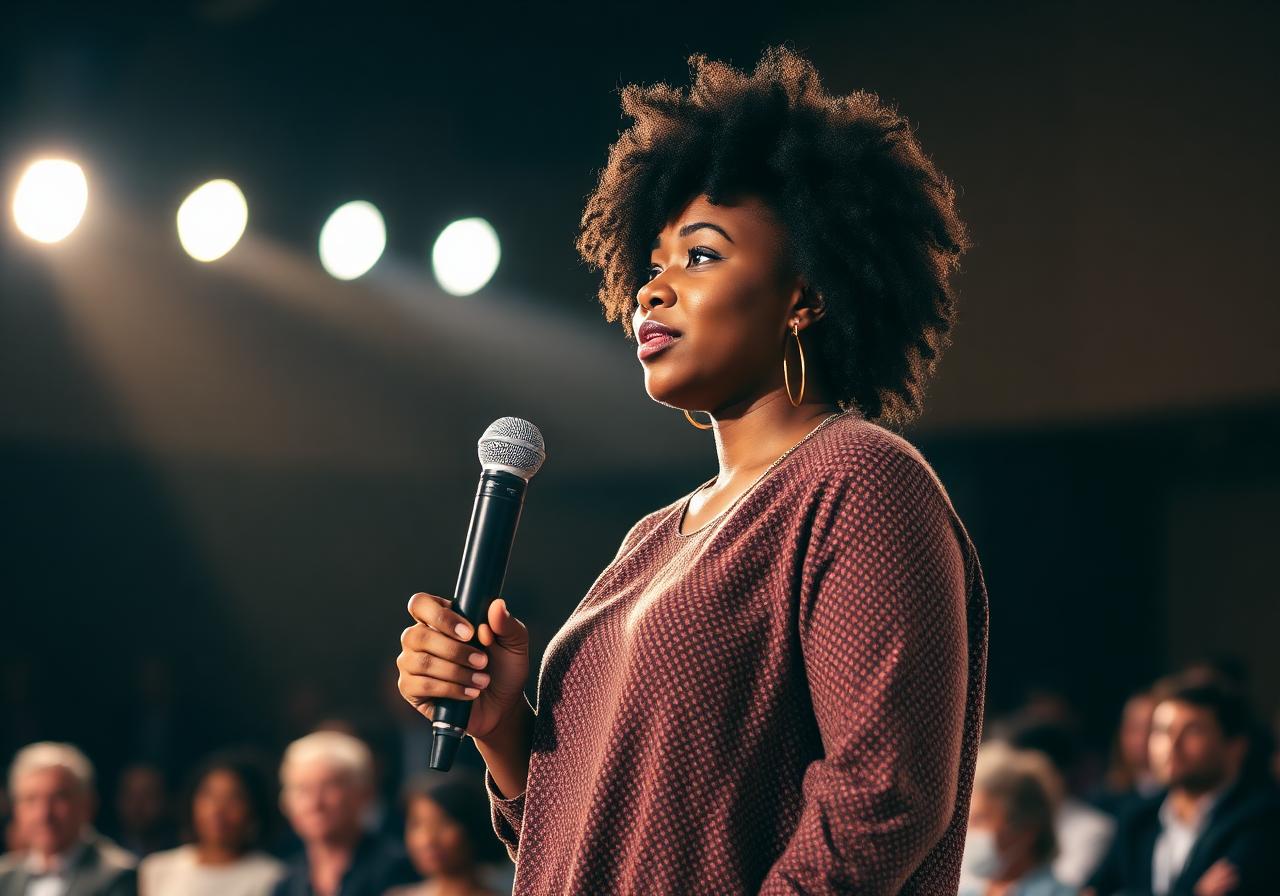 MelX speaking on stage